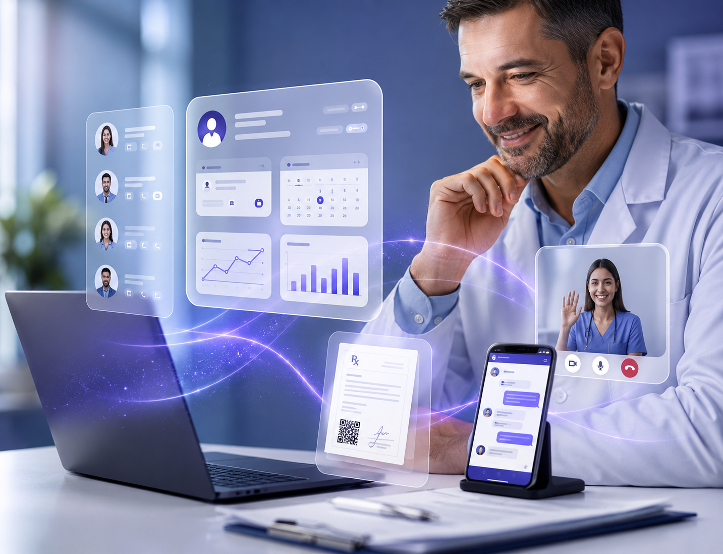 Médico utilizando una plataforma digital de gestión clínica con agenda, telemedicina, expedientes, recetas electrónicas y comunicación con pacientes desde un CRM médico inteligente